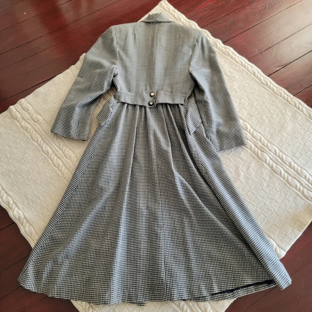 VINTAGE Micro Houndstooth Wool Long Riding Trench Coat Womens S/M Black ivory - Picture 12 of 14